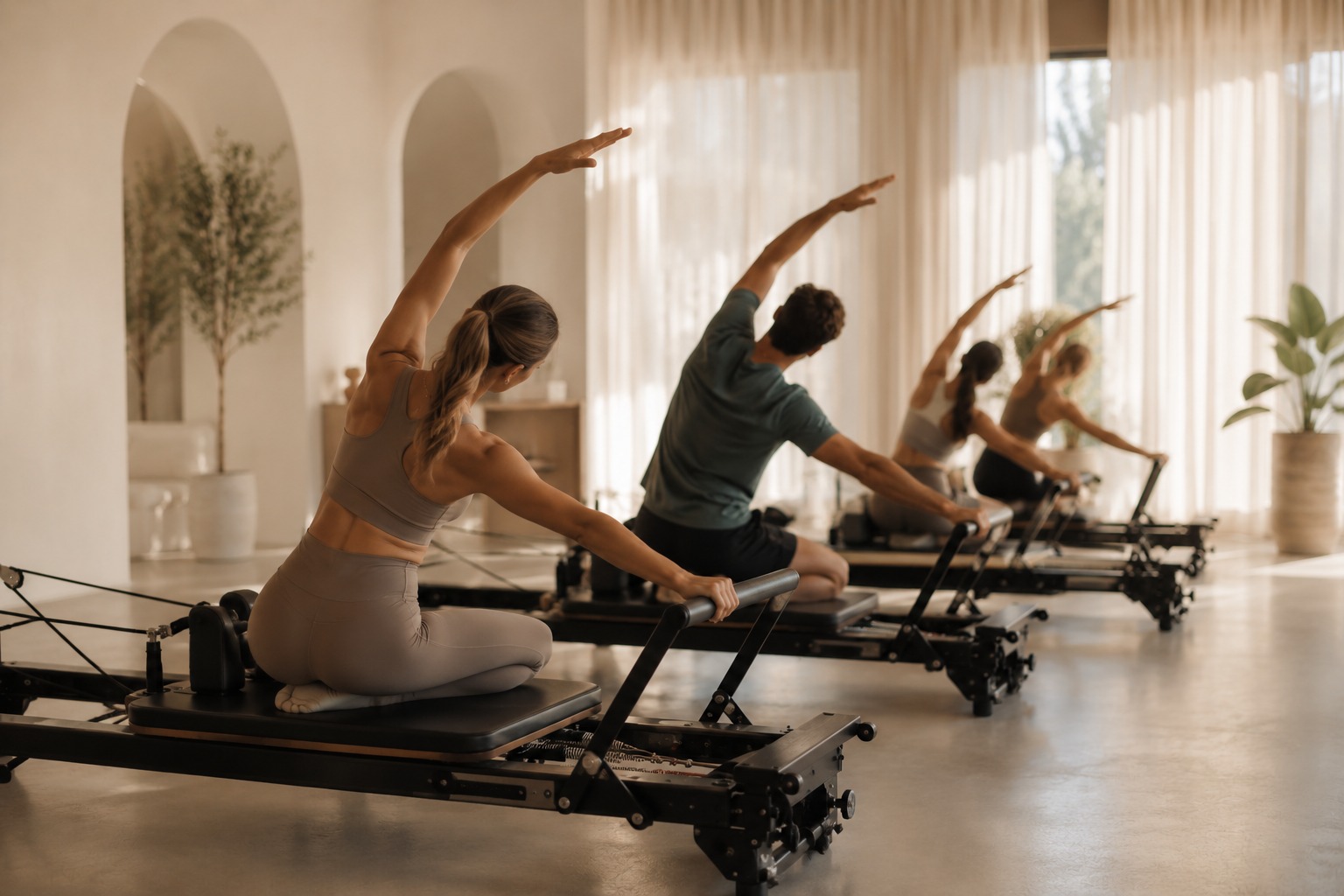 Reformer Pilates groepsles — lichte studio